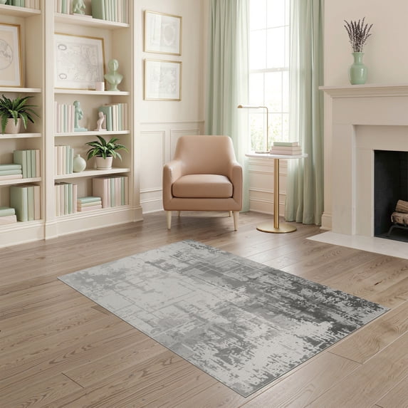 ODIKA 4'x6' Grey White Distressed Geometric Abstract Washable Area Rug Weathered Industrial Modern Contemporary Textured for Bedroom, Reading Nook, Pet Friendly & Non-Shedding