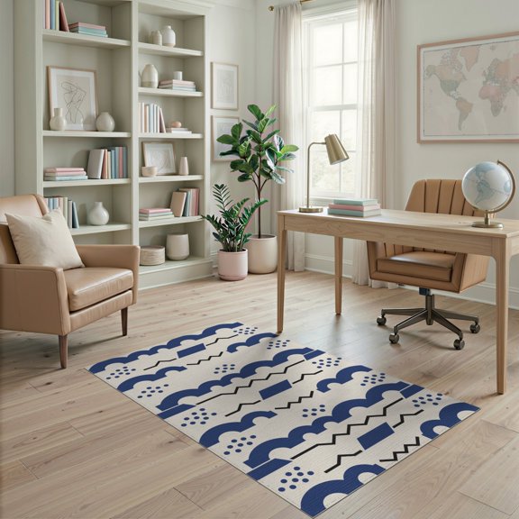 ODIKA 4'x6' Indigo Geometric Handwoven Washable Area Rug Modern Abstract Pattern with Bold Shapes for Bedroom, Reading Nook, Pet Friendly & Non-Shedding