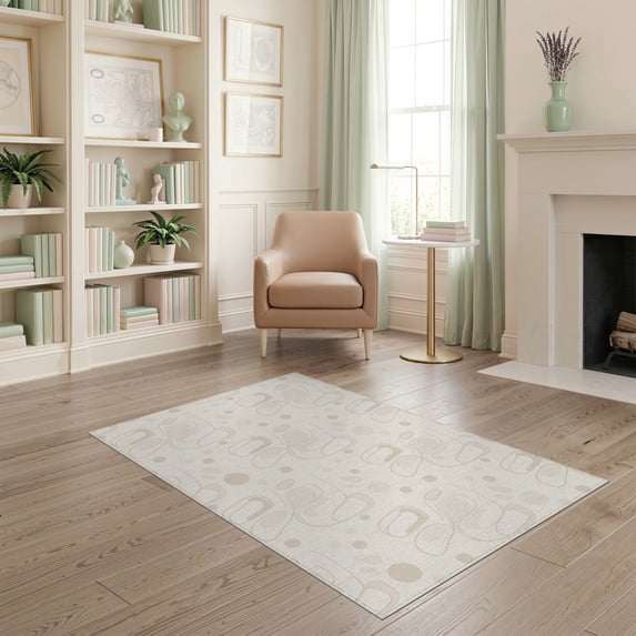 ODIKA 4'x6' Ivory Abstract Flowing Motif Washable Area Rug Contemporary Geometric Shapes with Scattered Dot Non-Slip, Chair-Friendly, Flatwoven for Home Office, Under Desk