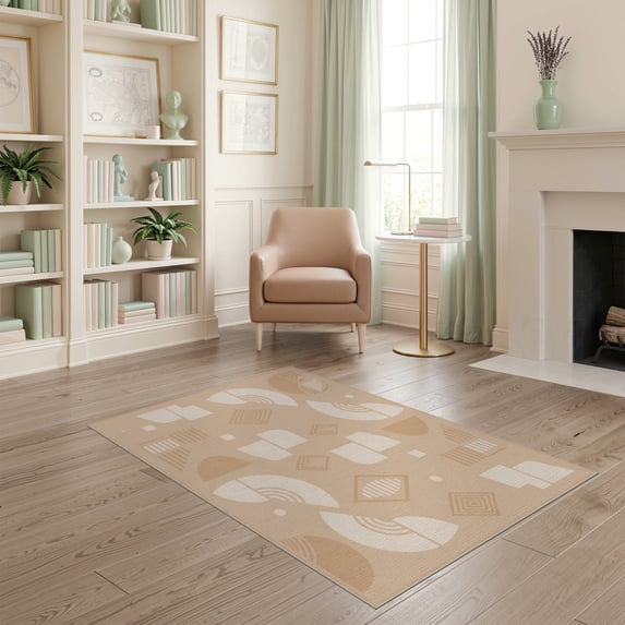 ODIKA 4'x6' Ivory Beige Geometric Pattern Design Washable Area Rug Modern Abstract Shapes with Net Motif for Dorm Room, Small Living Stain Resistant Low Profile, Easy Care