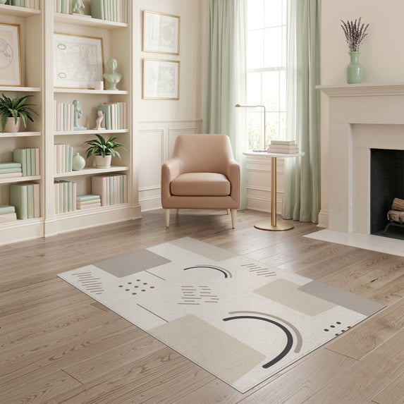 ODIKA 4'x6' Ivory Natural Contemporary Geometric Washable Area Rug Modern Minimalist Shapes with Curved for Dorm Room, Small Living Stain Resistant Low Profile, Easy Care