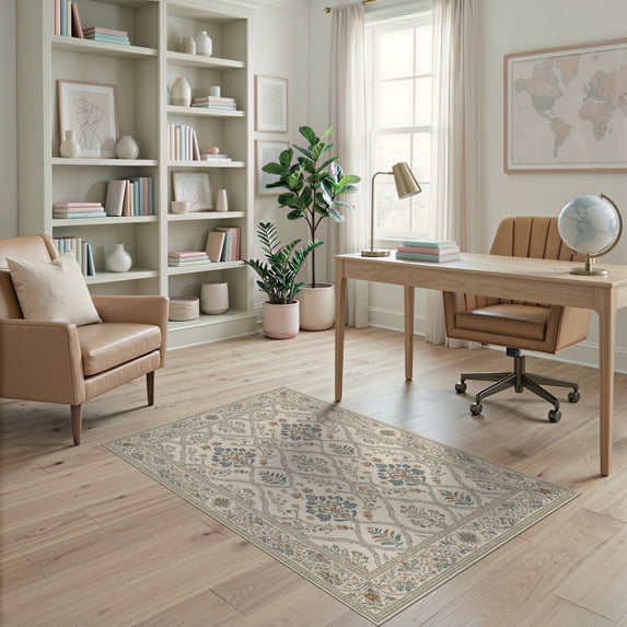 ODIKA 4'x6' Ivory Traditional Botanical Damask Ornate Washable Area Rug Classic Victorian Style Floral Medallion Design With Intricate Border for Bedroom, Reading Nook, Pet Friendly & Non-Shedding