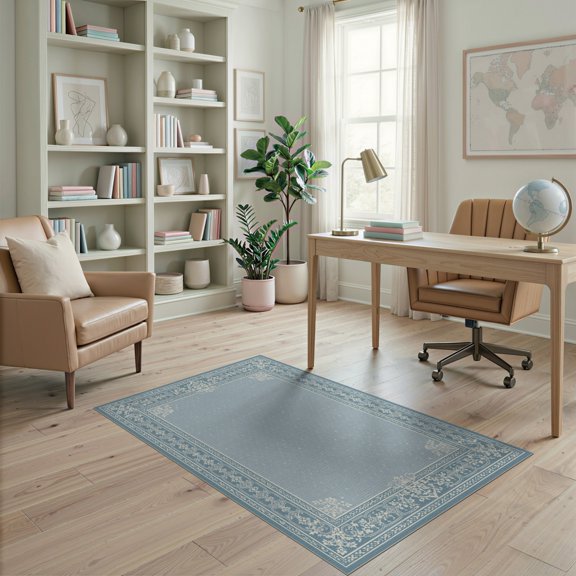 ODIKA 4'x6' Light Blue Slate Traditional Washable Area Rug Classic Victorian Decorative Framework With Intricate Floral Motifs for Dorm Room, Small Living Stain Resistant Low Profile, Easy Care
