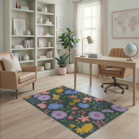 ODIKA 4'x6' Multicolor Floral Merrick Design Washable Area Rug Vibrant Botanical Pattern with Butterflies for Bedroom, Reading Nook, Pet Friendly & Non-Shedding