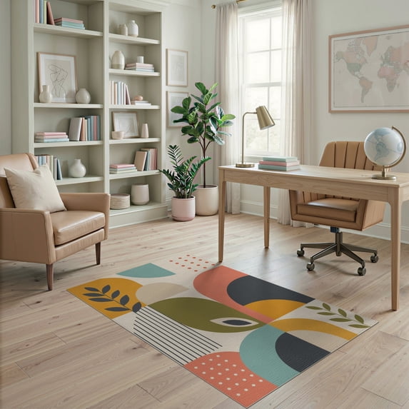 ODIKA 4'x6' Multicolor Geometric Mid-Century Geometry Washable Area Rug Retro Abstract Design with Modern Flair for Bedroom, Reading Nook, Pet Friendly & Non-Shedding