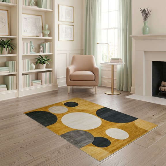 ODIKA 4'x6' Mustard Gold Abstract Geometric Boho Washable Area Rug Minimalist Retro Shapes Balanced Layout Atomic Accents Non-Slip, Chair-Friendly, Flatwoven for Home Office, Under Desk