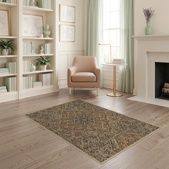 ODIKA 4'x6' Navy Beige Faded Featuring Interlocking Motifs Decorative Orange Washable Area Rug None Pet Friendly, Non-Shedding for Bedroom, Reading Nook