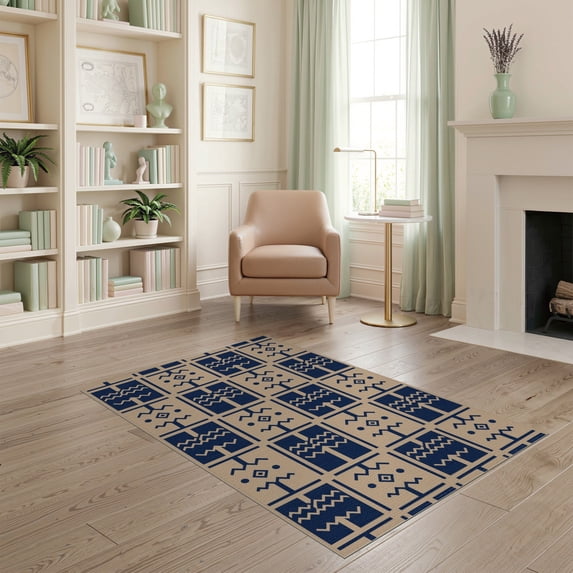 ODIKA 4'x6' Navy Beige Geometric Diamond Washable Area Rug Southwestern Aztec Inspired Motif With Alternating Stain Resistant, Low Pile, Easy Care for Dorm Room, Small Living