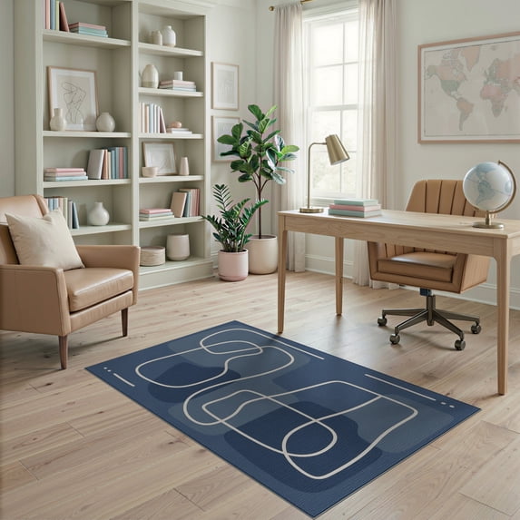 ODIKA 4'x6' Navy Blue Abstract Line Washable Area Rug Modern Geometric With Flowing Lines And Artistic Flair for Bedroom, Reading Nook, Pet Friendly & Non-Shedding