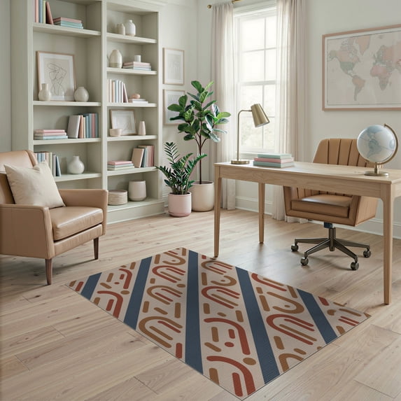 ODIKA 4'x6' Navy Blue Geometric Accent Washable Area Rug Modern Abstract With Bold Lines And Artistic Flair Non-Slip, Chair-Friendly, Flatwoven for Home Office, Under Desk