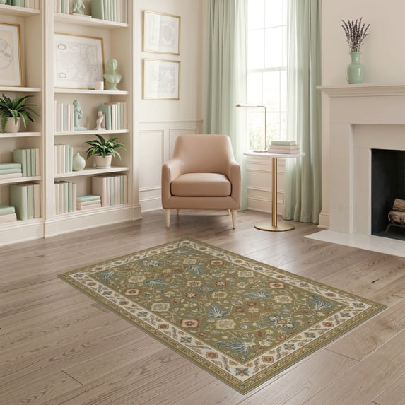 ODIKA 4'x6' Olive Blue Gaia Floral Elegance Washable Area Rug Intricate Botanical Motifs with Border Non-Slip, Chair-Friendly, Flatwoven for Home Office, Under Desk
