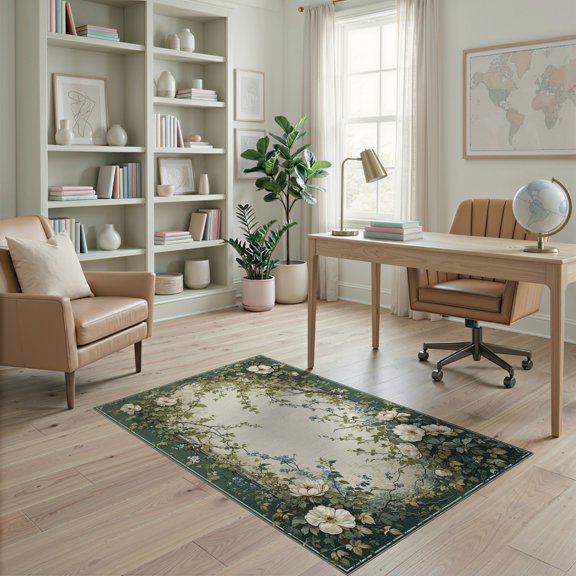 ODIKA 4'x6' Olive Green Boho Vintage Cottagecore Washable Area Rug Botanical Blooms Aged Frame Romantic Display Ornamental for Bedroom, Reading Nook, Pet Friendly & Non-Shedding