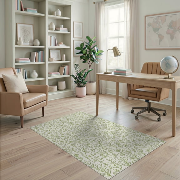 ODIKA 4'x6' Olive Green Botanical Wildflower Meadow Washable Area Rug Hand Drawn Scandinavian Style Floral Motifs With Delicate Branch Non-Slip, Chair-Friendly, Flatwoven for Home Office, Under Desk