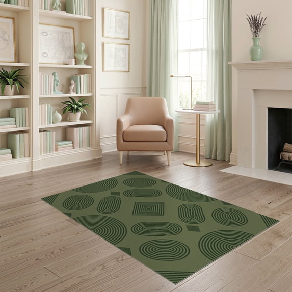 ODIKA 4'x6' Olive Green Concentric Oval Diamond Washable Area Rug Modern Abstract Spiral Motif Contemporary Non-Slip, Chair-Friendly, Flatwoven for Home Office, Under Desk