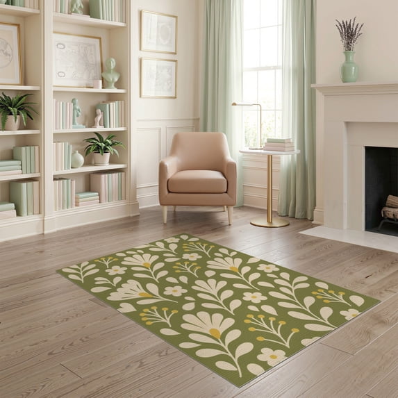 ODIKA 4'x6' Olive Green Cream Retro Daisy Design Washable Area Rug 70s Inspired Floral Pattern with Modern Twist Stain Resistant, Low Pile, Easy Care for Dorm Room, Small Living