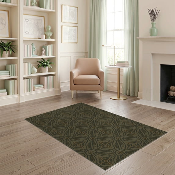 ODIKA 4'x6' Olive Green Geometric Design Washable Area Rug Intricate Pattern with Unique Motifs for Dorm Room, Small Living Stain Resistant Low Profile, Easy Care
