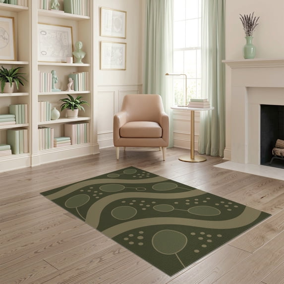 ODIKA 4'x6' Olive Green Midcentury Modern Flowing Wave Washable Area Rug Abstract Curved Lines with Scattered Dots for Bedroom, Reading Nook, Pet Friendly & Non-Shedding
