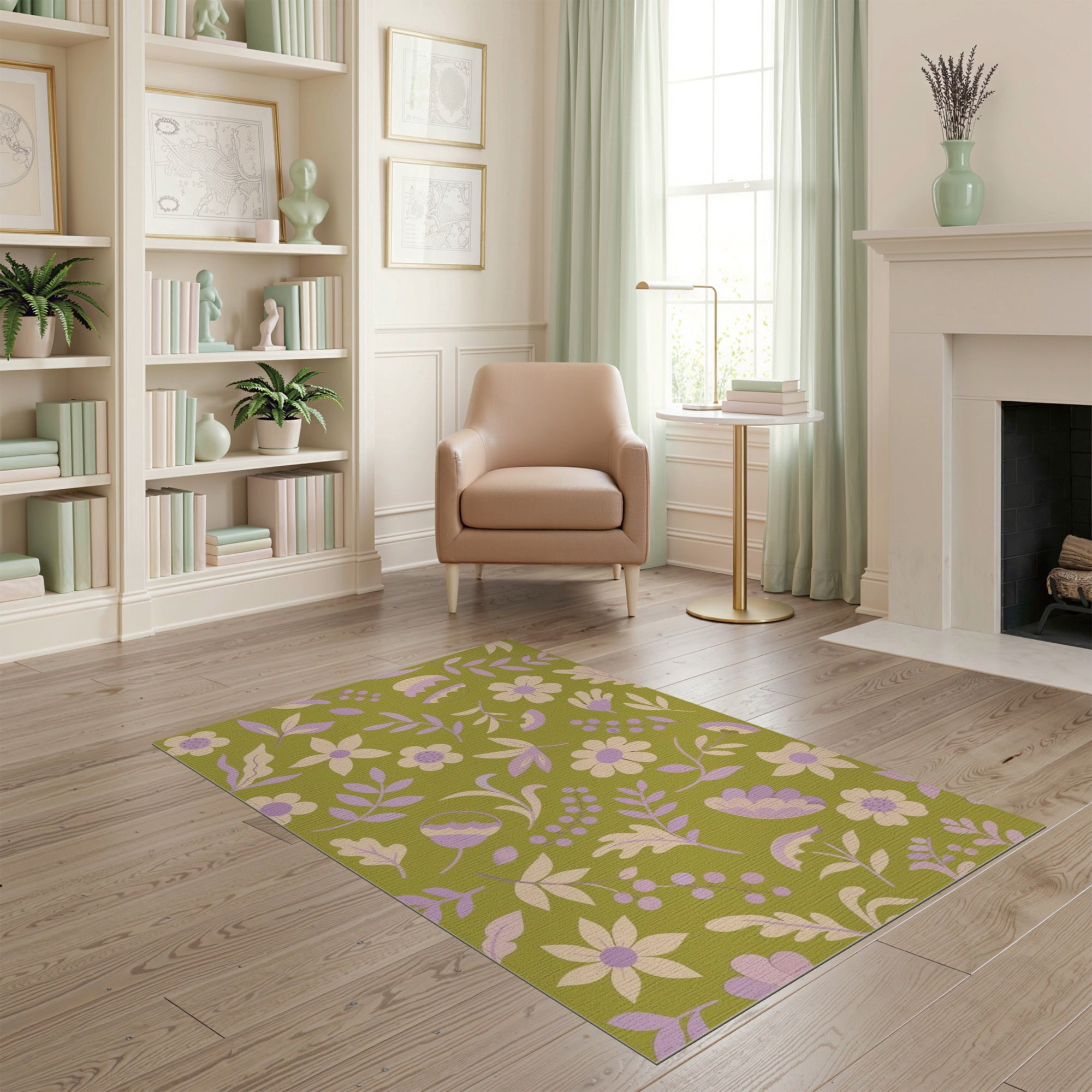 ODIKA 4'x6' Olive Lavender Art Deco Floral Washable Area Rug Elegant ...