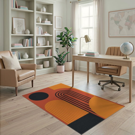 ODIKA 4'x6' Orange Black Abstract Geometric Sunrise Washable Area Rug Modern Artistic Interpretation with Bold Curves for Bedroom, Reading Nook, Pet Friendly & Non-Shedding