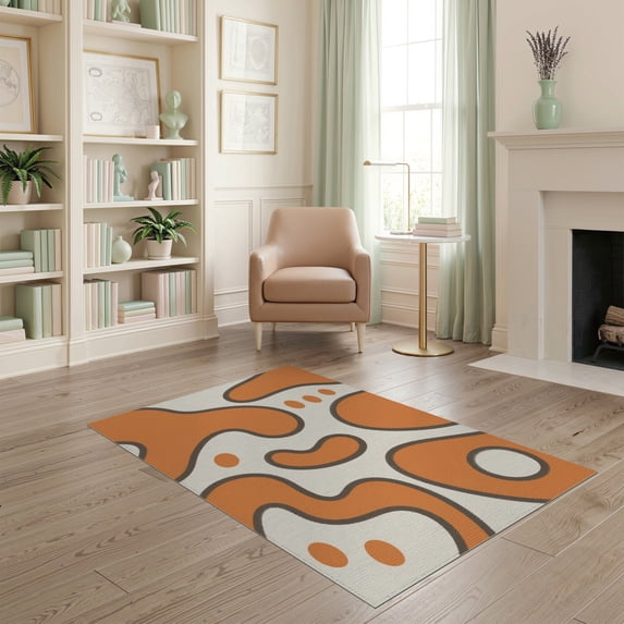 ODIKA 4'x6' Orange Black Mid Century Modern Design Washable Area Rug Abstract Kwaito Style with Fluid Shapes for Dorm Room, Small Living Stain Resistant Low Profile, Easy Care