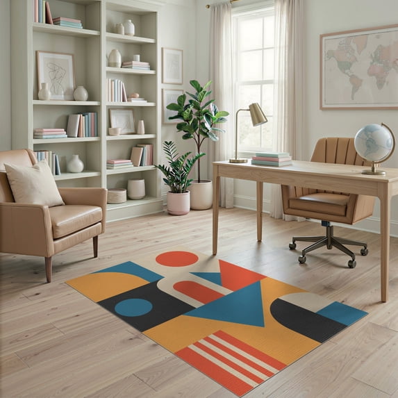 ODIKA 4'x6' Orange Blue Geometric Elegance in Modern Washable Area Rug Abstract Architectural Motifs for Contemporary for Dorm Room, Small Living Stain Resistant Low Profile, Easy Care