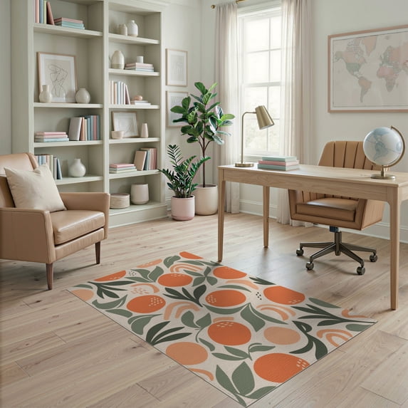 ODIKA 4'x6' Orange Green Vibrant Orchard Inspired Washable Area Rug Botanical Patterns with Modern Artistic Flair for Bedroom, Reading Nook, Pet Friendly & Non-Shedding