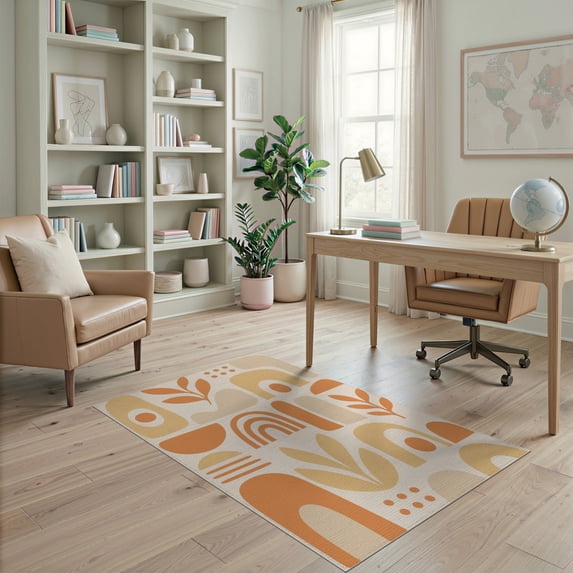 ODIKA 4'x6' Orange Tangerine Geometric Design Washable Area Rug Mid-Century Modern Abstract Shapes for Dorm Room, Small Living Stain Resistant Low Profile, Easy Care