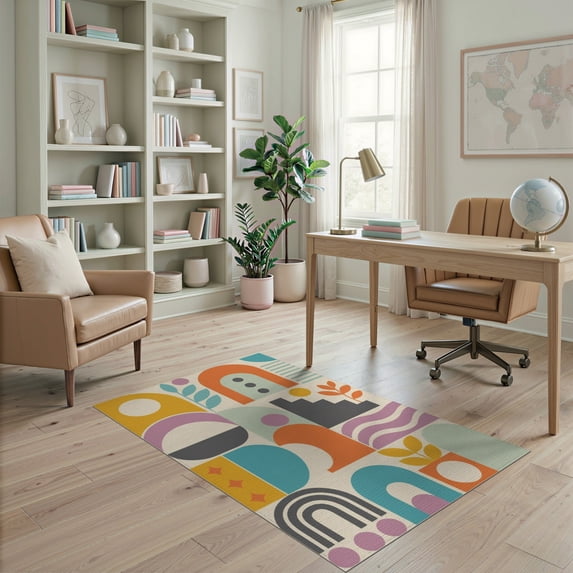 ODIKA 4'x6' Orange Vibrant Geometric Abstract Design Washable Area Rug Eclectic Mix of Modern Shapes and Retro Patterns Non-Slip, Chair-Friendly, Flatwoven for Home Office, Under Desk