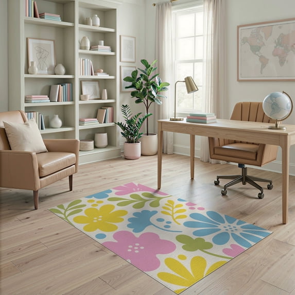 ODIKA 4'x6' Pastel Floral Palette Blossom Washable Area Rug Elegant Springtime Motif with Vibrant Petal Design Non-Slip, Chair-Friendly, Flatwoven for Home Office, Under Desk