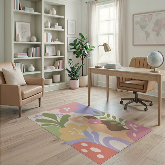 ODIKA 4'x6' Pastel Multicolor Botanical Harmony Washable Area Rug Relaxing Abstract Nature Design Pet Friendly, Non-Shedding for Bedroom, Reading Nook