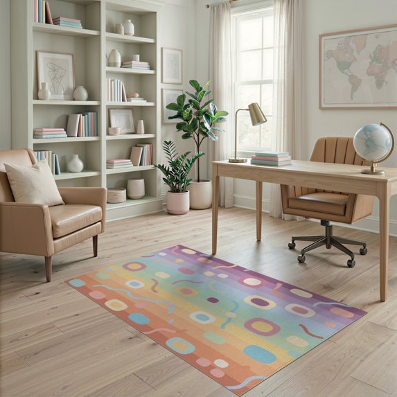 ODIKA 4'x6' Pastel Rainbow Geometric Washable Area Rug Modern Artistic Flowing Shapes Minimalist Mid Century Graphic for Home Office, Under Desk, Non-Slip Chair-Friendly, Flatwoven