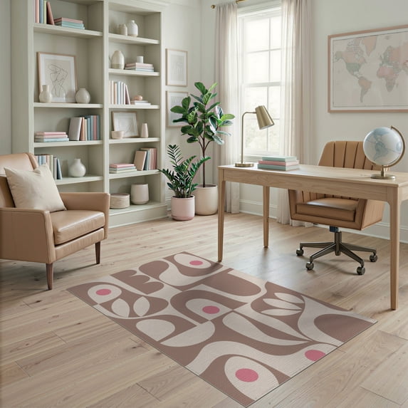 ODIKA 4'x6' Pink Mocha and Abstract Design Washable Area Rug Midcentury Modern Geometric Pattern Style for Bedroom, Reading Nook, Pet Friendly & Non-Shedding