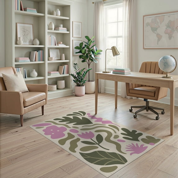 ODIKA 4'x6' Pink Olive Tulip Abstract Design Washable Area Rug Modern Floral Pattern with Organic Shapes for Bedroom, Reading Nook, Pet Friendly & Non-Shedding