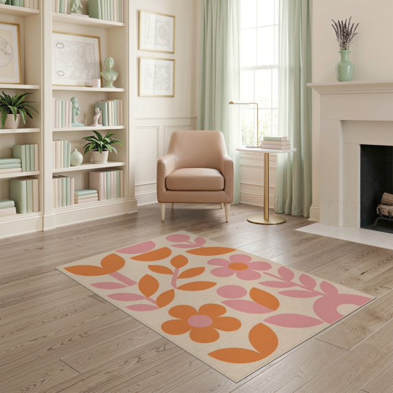 ODIKA 4'x6' Pink Orange Mid Century Floral Design Washable Area Rug Retro Botanical Pattern with Geometric Shapes for Home Office, Under Desk, Non-Slip Chair-Friendly, Flatwoven