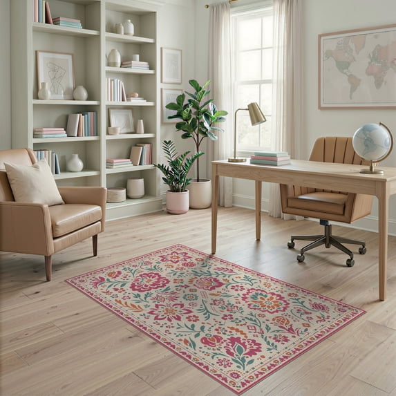 ODIKA 4'x6' Pink Teal Vibrant and Floral Elegance Washable Area Rug Intricate Botanical Patterns with Classic Charm Non-Slip, Chair-Friendly, Flatwoven for Home Office, Under Desk