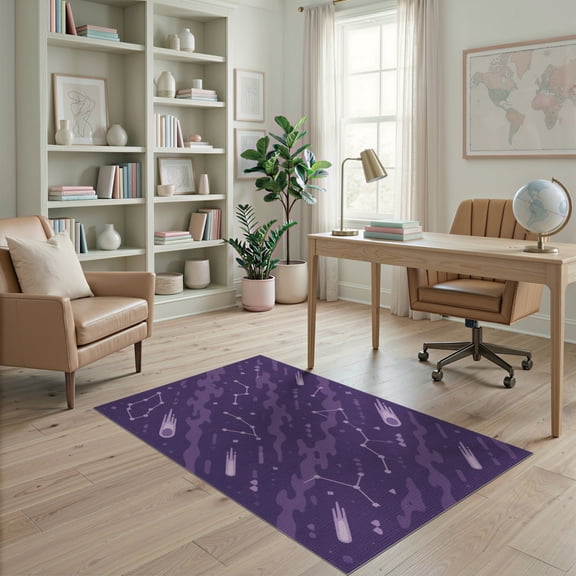ODIKA 4'x6' Purple Cosmic Constellation Galaxy Space Washable Area Rug Celestial Astronomical Star Chart Nebula Cloud Meteor Shower Contemporary Pet Friendly, Non-Shedding for Bedroom, Reading Nook