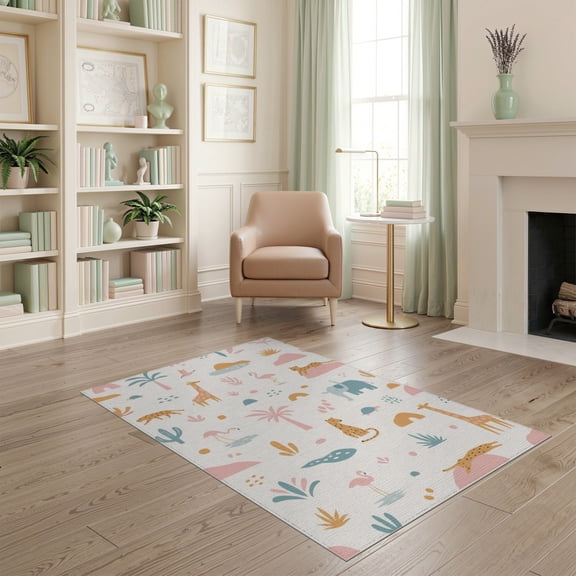 ODIKA 4'x6' Soft Pastel Tones Safari Adventure Washable Area Rug Whimsical Animal Patterns for Playful Spaces Stain Resistant, Low Pile, Easy Care for Dorm Room, Small Living