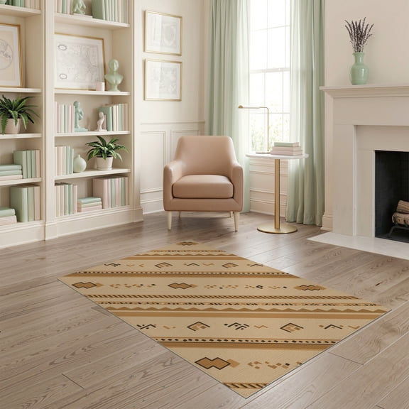 ODIKA 4'x6' Tan Brown Bohemian Tracewire Stripes Washable Area Rug Eclectic Geometric Patterns and Lines Pet Friendly, Non-Shedding for Bedroom, Reading Nook