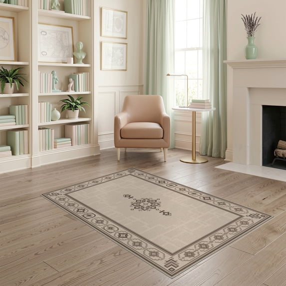 ODIKA 4'x6' Tan Brown Medallion Geometric Design Washable Area Rug Intricate Border with Symmetrical Patterns Pet Friendly, Non-Shedding for Bedroom, Reading Nook