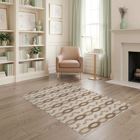 ODIKA 4'x6' Tan Natural Geometric Diamond Design Washable Area Rug Modern Sisal Inspired Pattern Pet Friendly, Non-Shedding for Bedroom, Reading Nook