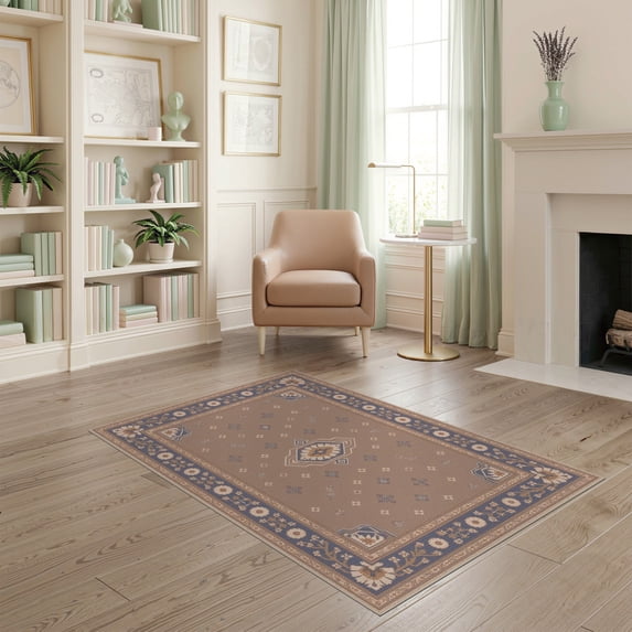 ODIKA 4'x6' Taupe Plum Traditional Medallion Washable Area Rug Ornate Geometric Floral Border Design With Central Diamond Motif Classic Non-Slip, Chair-Friendly, Flatwoven for Home Office, Under Desk