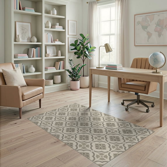 ODIKA 4'x6' Taupe Quatrefoil Medallion Trellis Washable Area Rug Ornate Border Framework With Intricate Star Motif Pet Friendly, Non-Shedding for Bedroom, Reading Nook