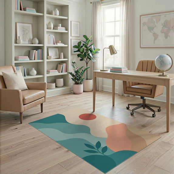 ODIKA 4'x6' Teal Coral Waves and Serene Sunset Design Washable Area Rug Abstract Oceanic Forms with a Touch of Nature Pet Friendly, Non-Shedding for Bedroom, Reading Nook