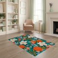 thumbnail image 1 of ODIKA 4'x6' Teal Orange Blossom and Citrus Garden Washable Area Rug Lush Floral Fruit Motifs in a Vibrant Display Stain Resistant, Low Pile, Easy Care for Dorm Room, Small Living, 1 of 7