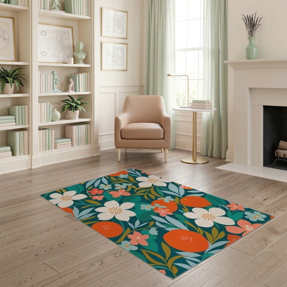 ODIKA 4'x6' Teal Orange Blossom and Citrus Garden Washable Area Rug Lush Floral Fruit Motifs in a Vibrant Display Stain Resistant, Low Pile, Easy Care for Dorm Room, Small Living