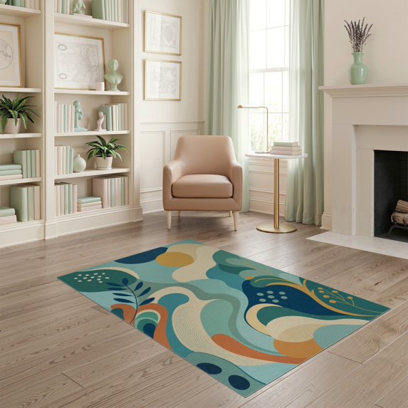 ODIKA 4'x6' Teal Serenity Waves Abstract Artistic Washable Area Rug Elegant Flowing Shapes with Nature-Inspired Motifs Stain Resistant, Low Pile, Easy Care for Dorm Room, Small Living