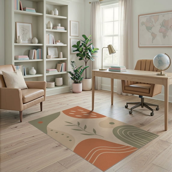 ODIKA 4'x6' Terracotta And Sage Abstract Design Washable Area Rug Modern Minimalist Geometric Art Motif for Bedroom, Reading Nook, Pet Friendly & Non-Shedding