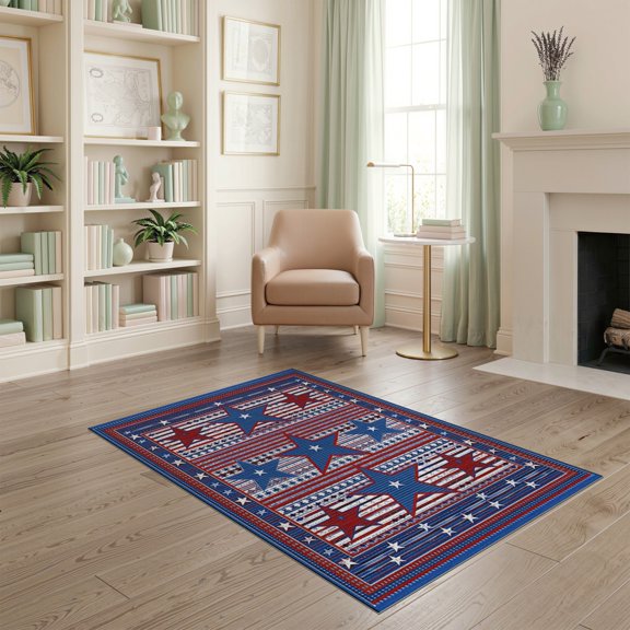 ODIKA 4'x6' Traditional Blue Washable Area Rug for Home Office, Under Desk, Non-Slip Chair-Friendly, Flatwoven