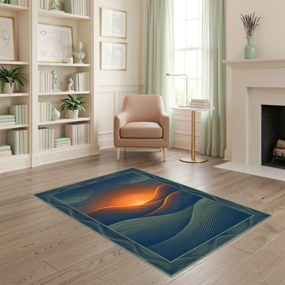ODIKA 4'x6' Ultra-Soft Area Rug, Abstract Distressed Sunset Ridge Border Round Wave Landscape Refined Structured None Washable, Bare feet friendly, Silk-Touch for Bedroom Home office