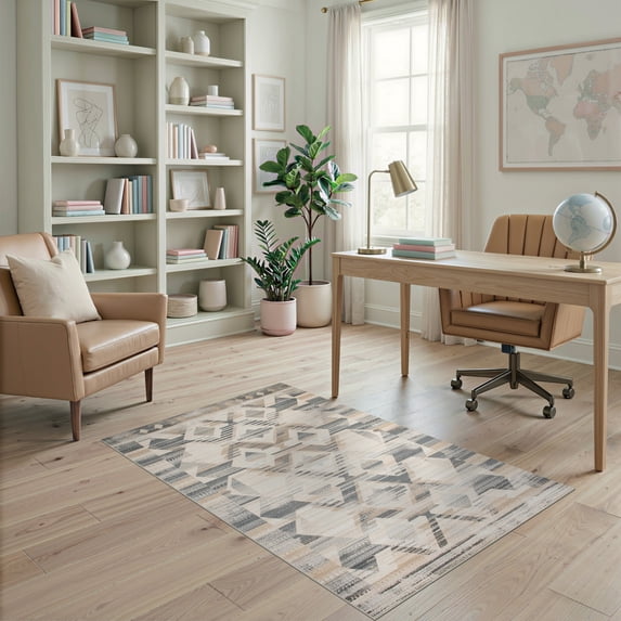ODIKA 4'x6' Ultra-Soft Area Rug, Abstract Geometric Interlocking Diamond Triangle Distressed Border None Washable, Bare feet friendly, Silk-Touch for Bedroom Home office
